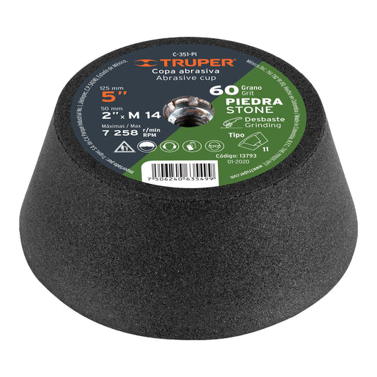 Copa desbaste de piedra 5' grano 60, eje M14, Truper, 13793