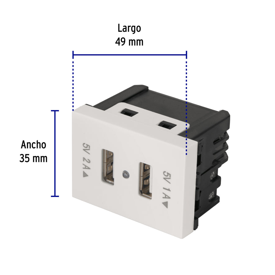 Toma con 2 puertos USB, 1.5 módulos, línea Española, blanco Caja con 6, 47057