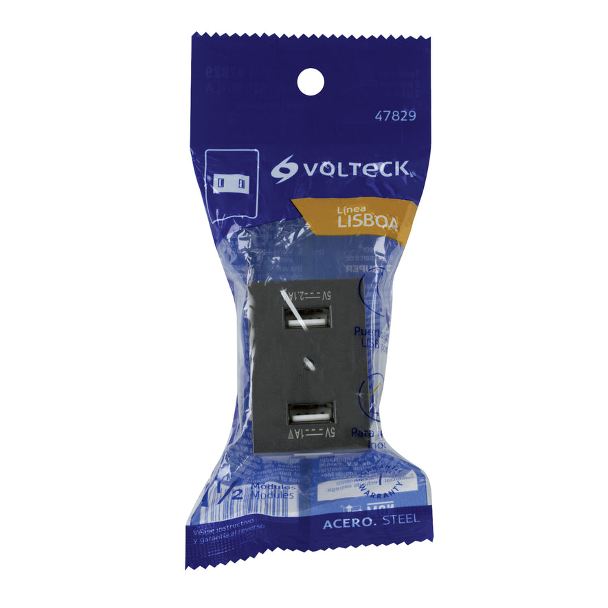 Toma 2 puertos USB acero inox de 1.5 módulos, línea Lisboa Caja con 12, 47829