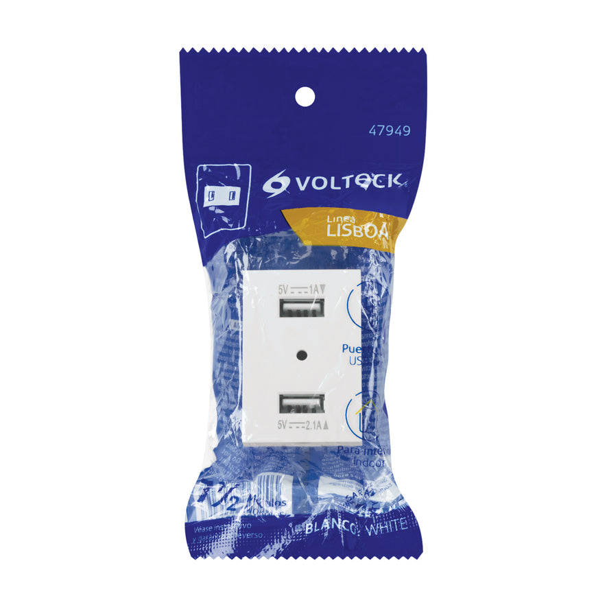 Toma con 2 puertos USB blanco de 1.5 módulos, línea Lisboa Caja con 12, 47949