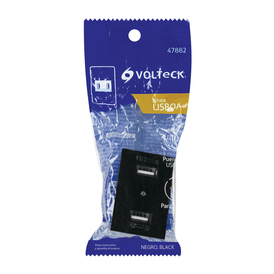 Toma con 2 puertos USB negro de 1.5 módulos, línea Lisboa Caja con 12, 47882