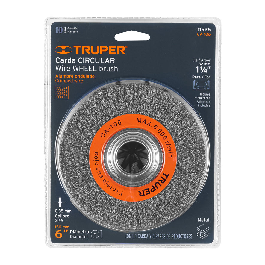 Carda alambre ondulado 6' x 1-1/8' para esmeril, Truper Caja con 4, 11526