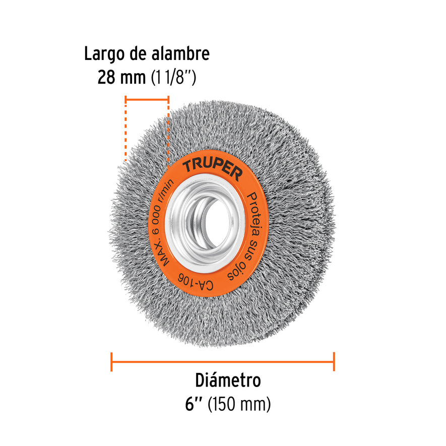 Carda alambre ondulado 6' x 1-1/8' para esmeril, Truper Caja con 4, 11526