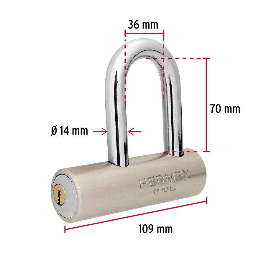 Candado de acero, 109mm, gancho largo, llave de puntos Caja con 3, 43366