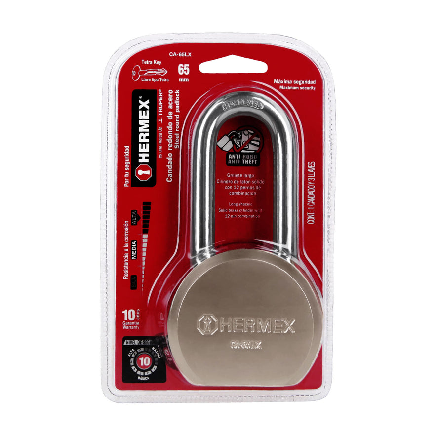 Candado redondo, 65mm, gancho largo, llave tetra, blister Caja con 3, 43339