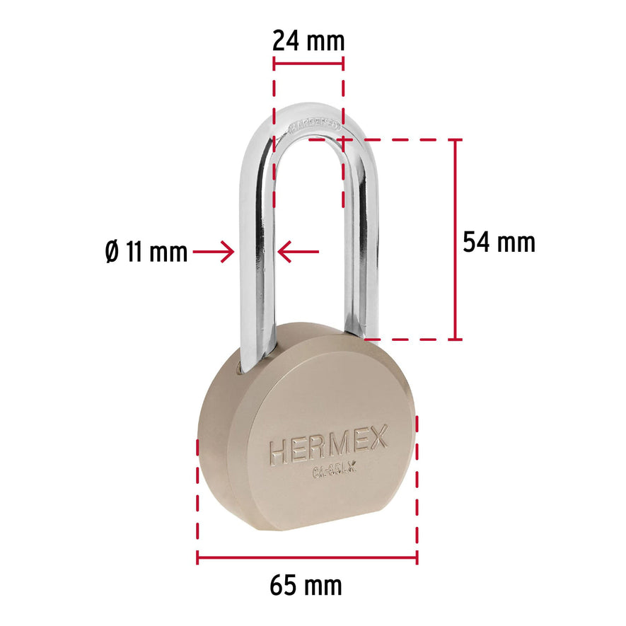 Candado redondo, 65mm, gancho largo, llave tetra, blister Caja con 3, 43339