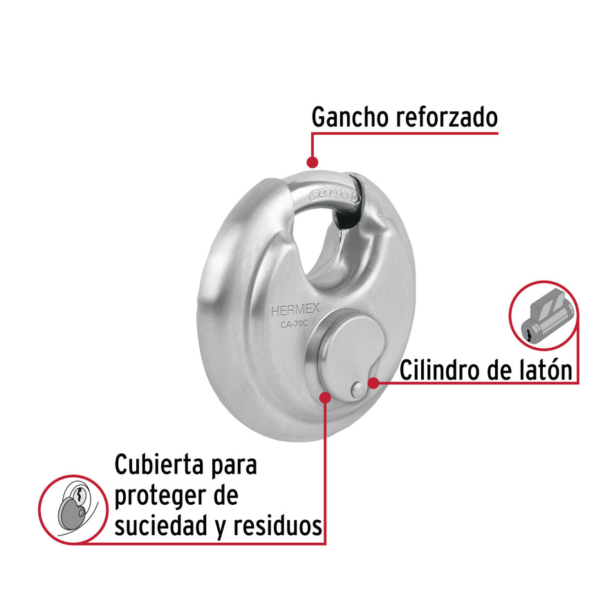 Candado circular acero inox, cilindro latón, 70 mm Caja con 3, 49473
