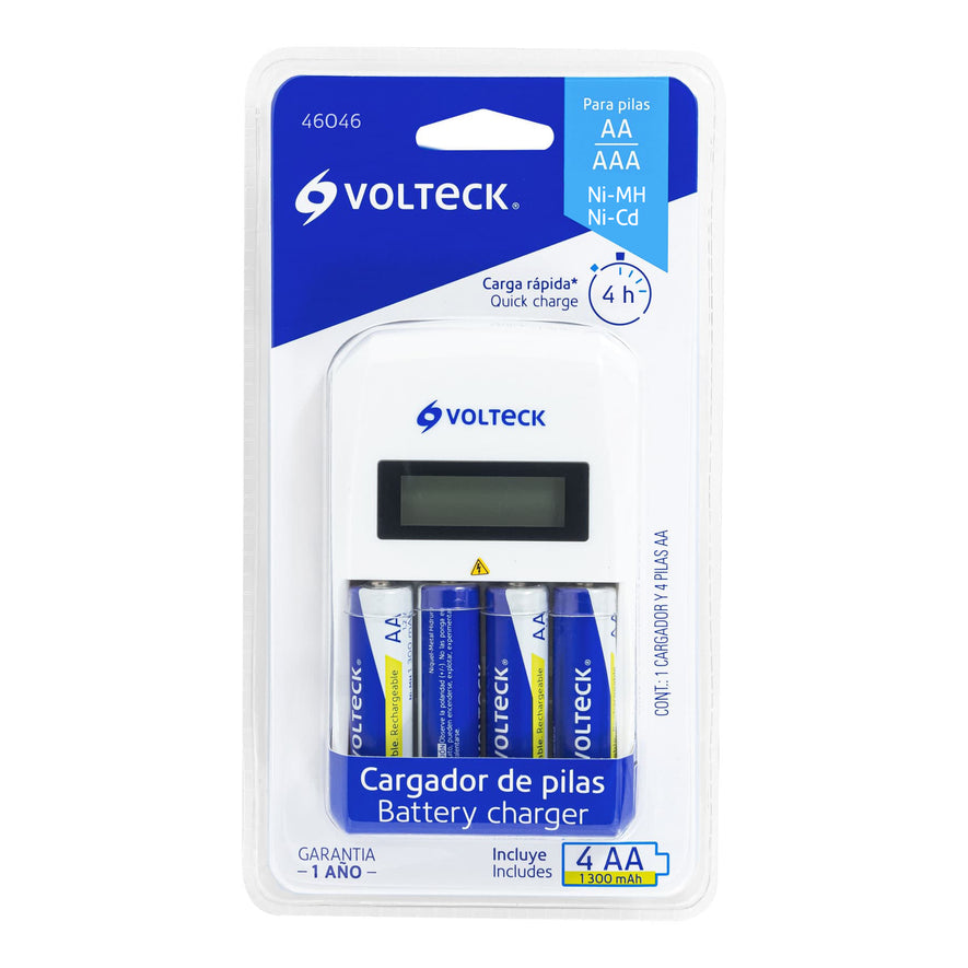 Cargador de pilas, AA, AAA, incluye 4 pilas AA, Volteck Caja con 2, 46046