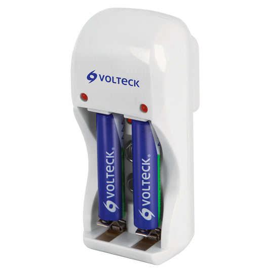 Cargador de pilas, AA, AAA y 9V incluye 2 pilas AAA, Volteck Caja con 4, 46043
