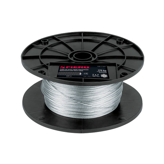 Metro de cable rígido 1/16' de acero 7x7 hilos, 300 m, Fiero Caja con 300, 48795