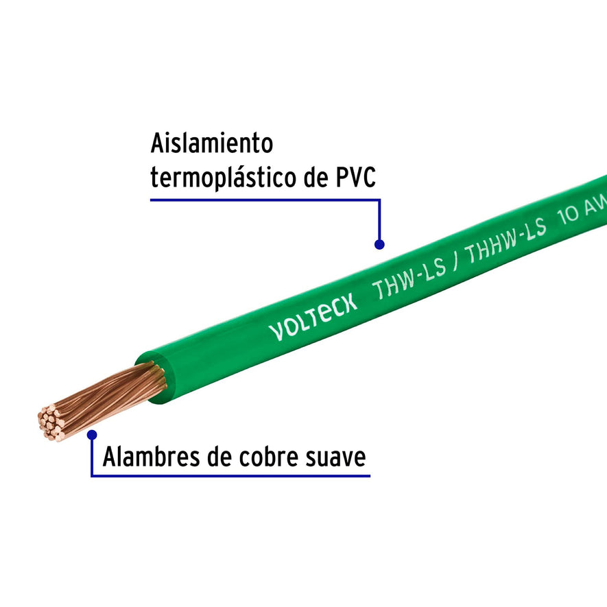 Carrete con 10 m de cable THHW-LS 10 AWG verde, Volteck Caja con 6, 40251