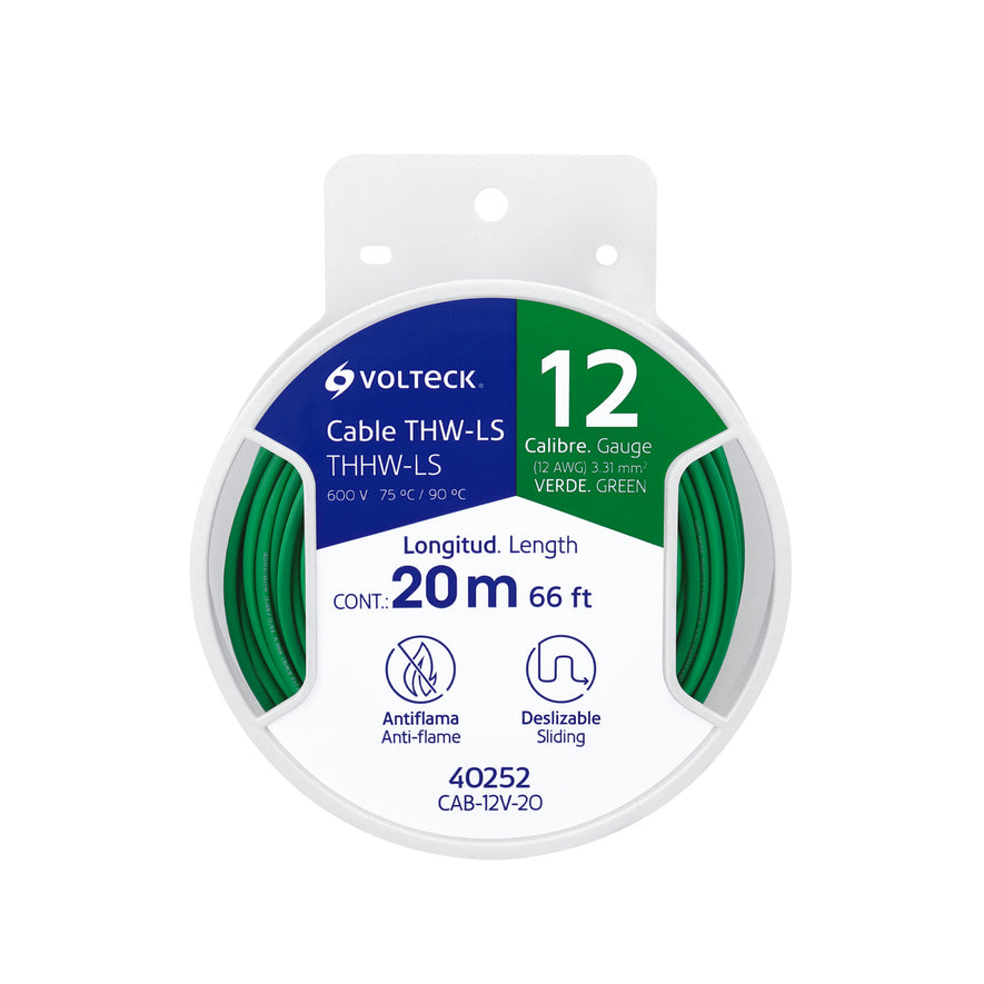 Carrete con 20 m de cable THHW-LS 12 AWG verde, Volteck Caja con 6, 40252