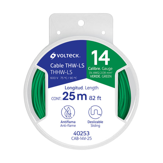 Carrete con 25 m de cable THHW-LS 14 AWG verde, Volteck Caja con 6, 40253