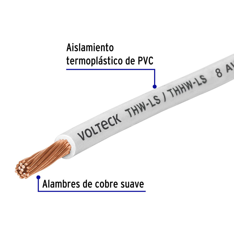 Carrete con 10 m de cable THHW-LS 8 AWG blanco, Volteck Caja con 6, 40247