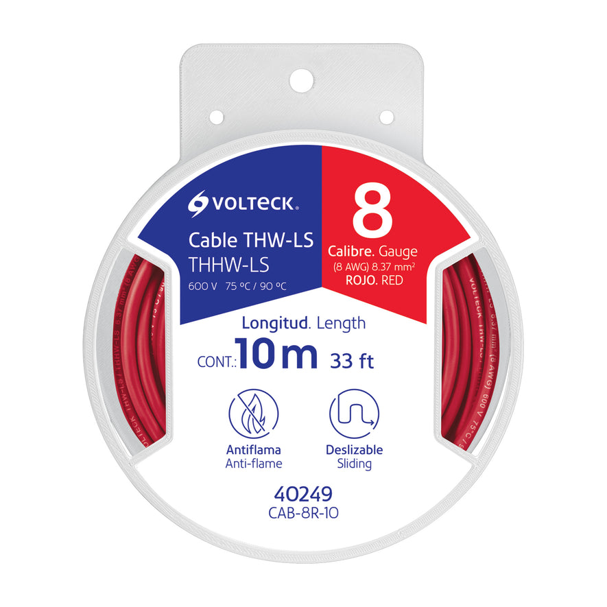 Carrete con 10 m de cable THHW-LS 8 AWG rojo, Volteck Caja con 6, 40249