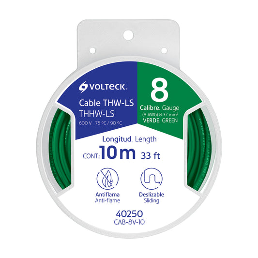 Carrete con 10 m de cable THHW-LS 8 AWG verde, Volteck Caja con 6, 40250