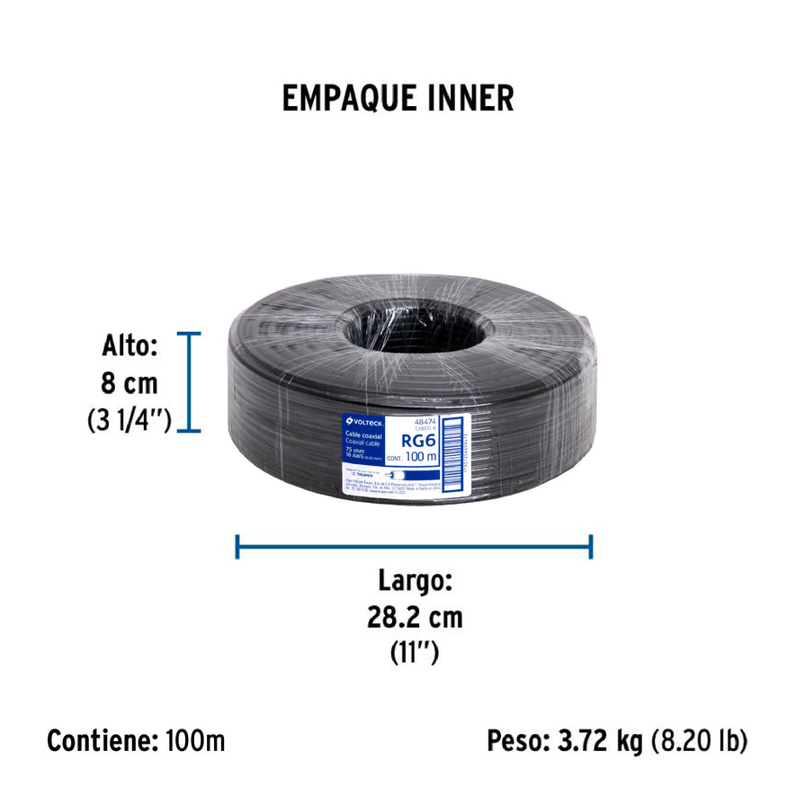 Metro de cable coaxial RG6 en rollo de 100 m, Volteck Caja con 100, 48474