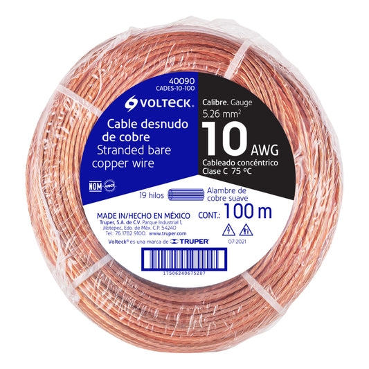 Metro de cable desnudo de cobre calibre 10 AWG, rollo 100 m Caja con 100, 40090
