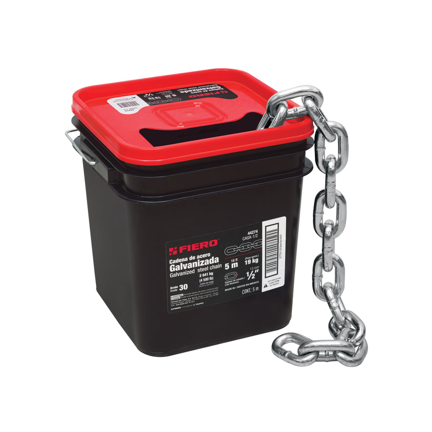 Metro de cadena galvanizada de 1/2', 5 m en cubeta, Fiero Caja con 5, 44274