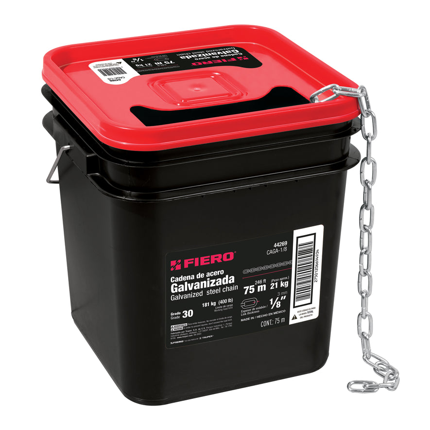 Metro de cadena galvanizada de 1/8', 75 m en cubeta, Fiero Caja con 75, 44269