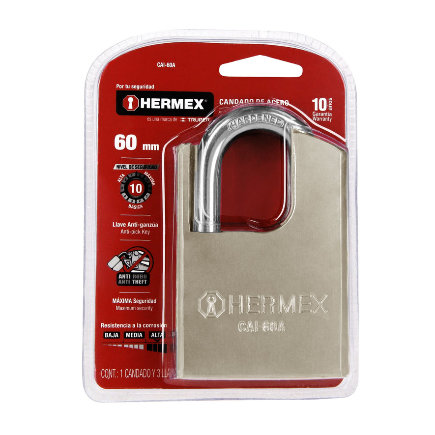 Candado de acero, máxima seguridad, 60mm, llave anti-ganzúa Caja con 2, 43335