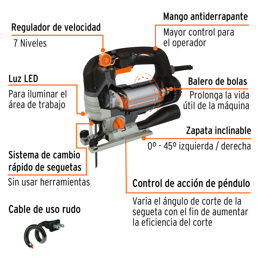 Sierra caladora 750W 5.9 A vel. variable, TRUPER INDUSTRIAL, 15348