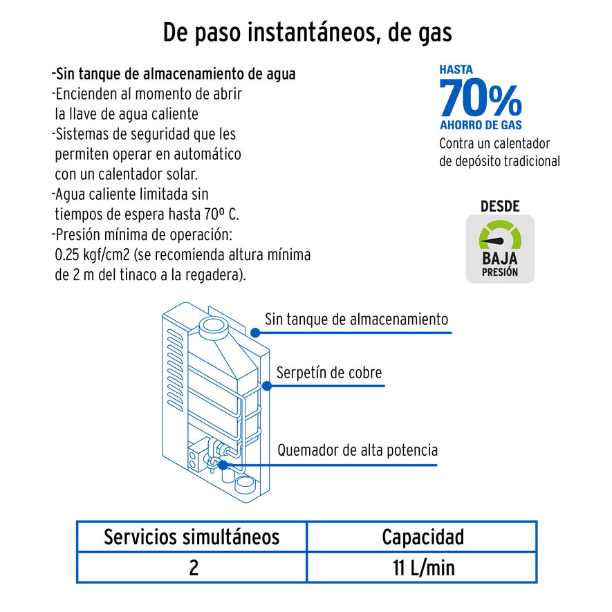 Calentador instantáneo, 11L, 2 servicios, gas natural, Foset, 47353