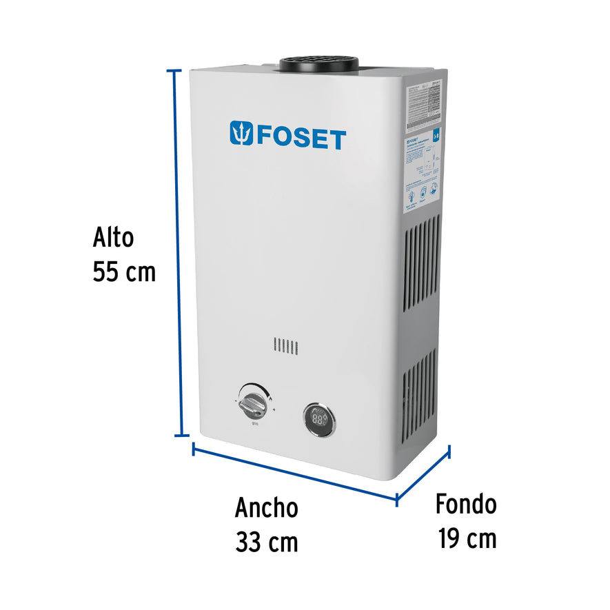 Calentador instantáneo, 11L, 2 servicios, gas LP, Foset, 43050