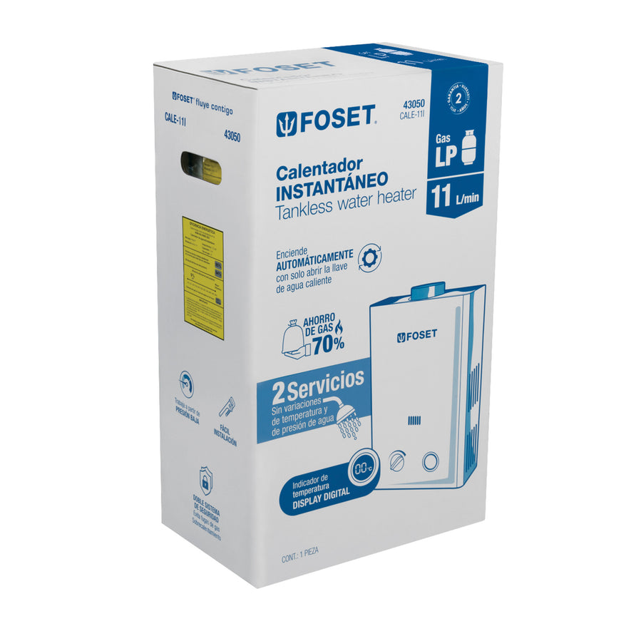 Calentador instantáneo, 11L, 2 servicios, gas LP, Foset, 43050