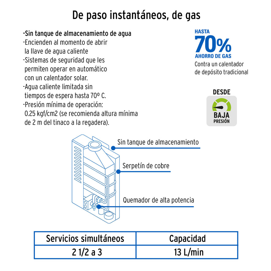 Calentador instantáneo, 13L, 3 servicios, gas natural, Foset, 47354