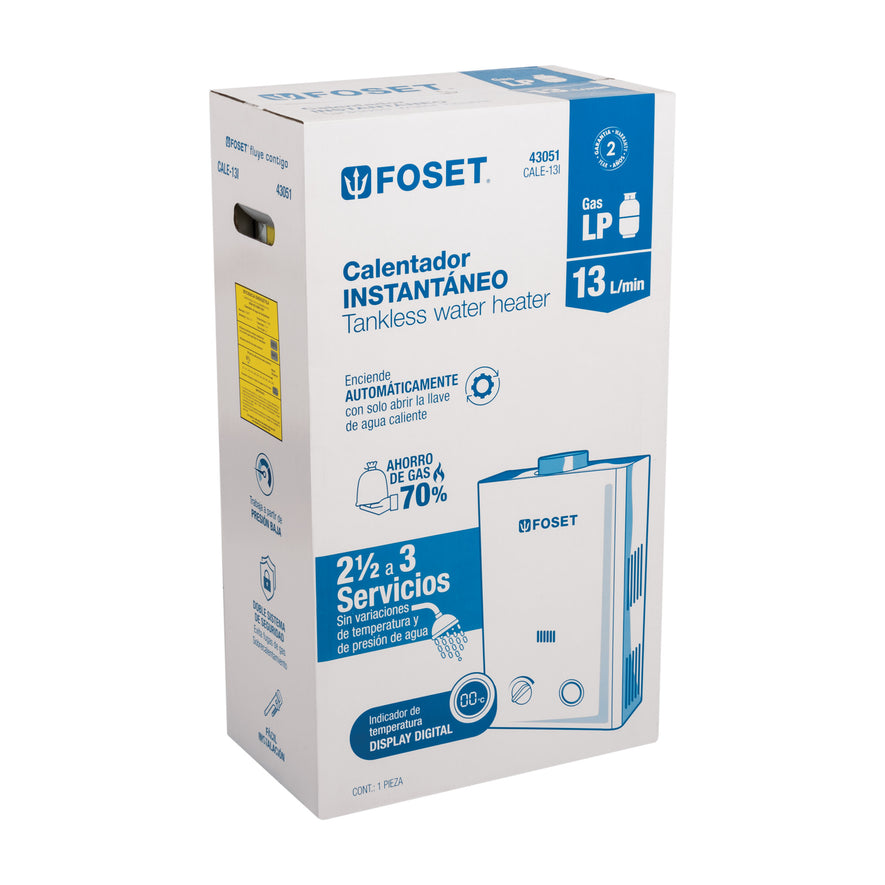 Calentador instantáneo, 13L, 3 servicios, gas LP, Foset, 43051