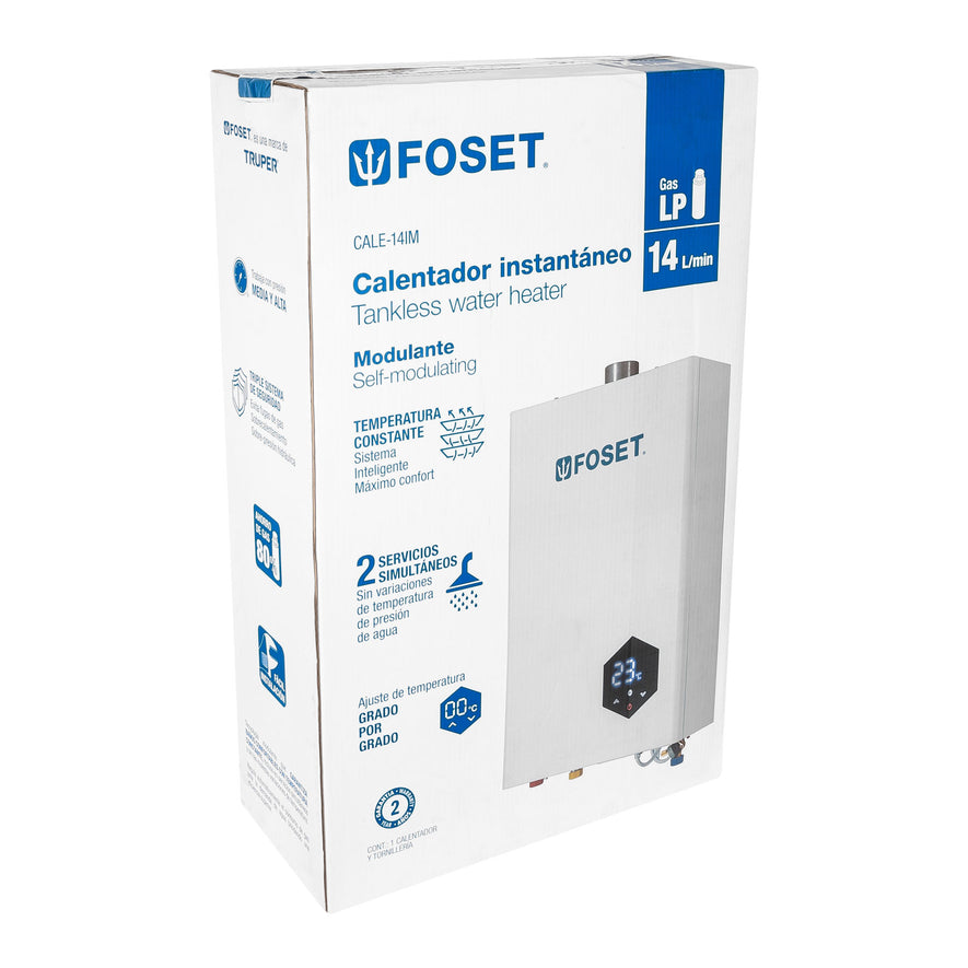 Calentador instantáneo modulante, 14L, 2 serv, gas LP, Foset, 48015