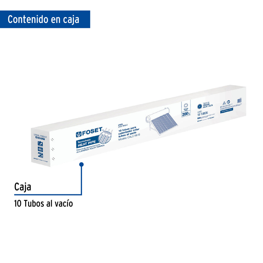 Caja c/10 tubos HeatPipe p/calentador solar CALE-18HS, Foset, 47676