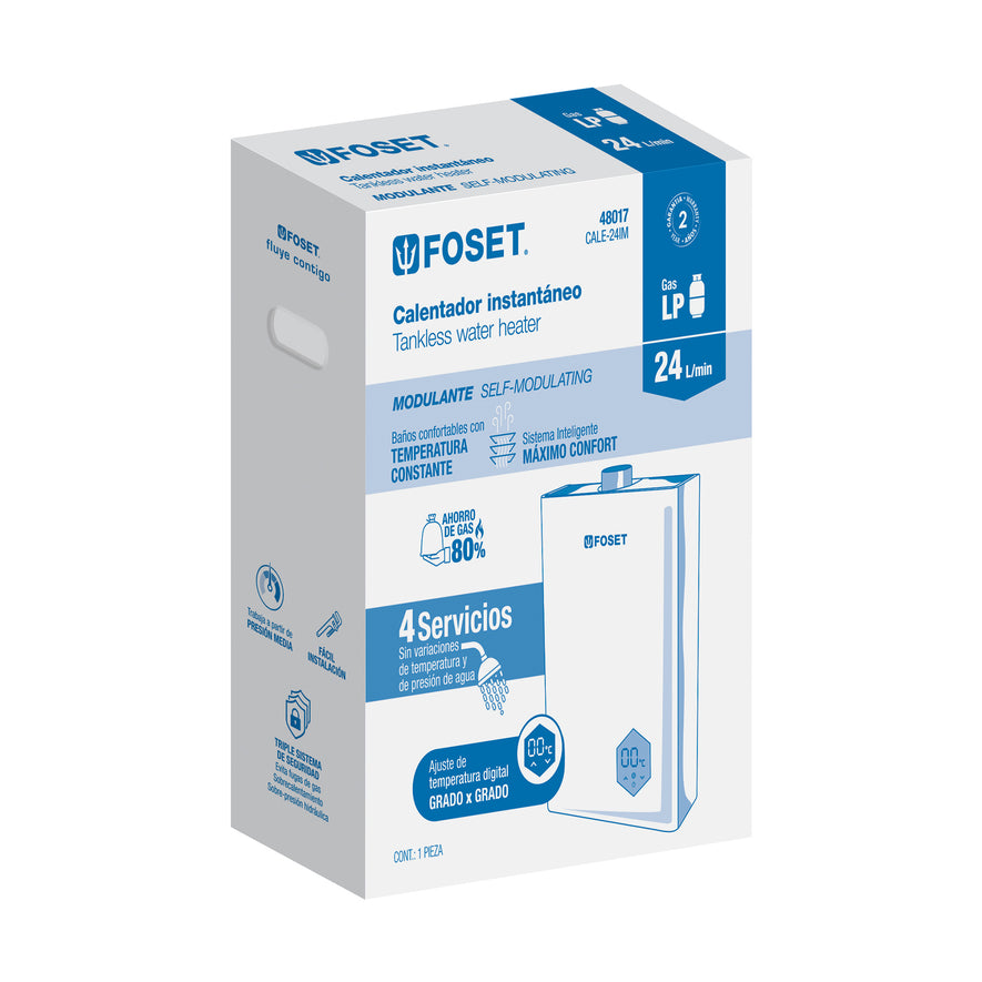 Calentador instantáneo modulante, 24L, 4 serv, gas LP, Foset, 48017