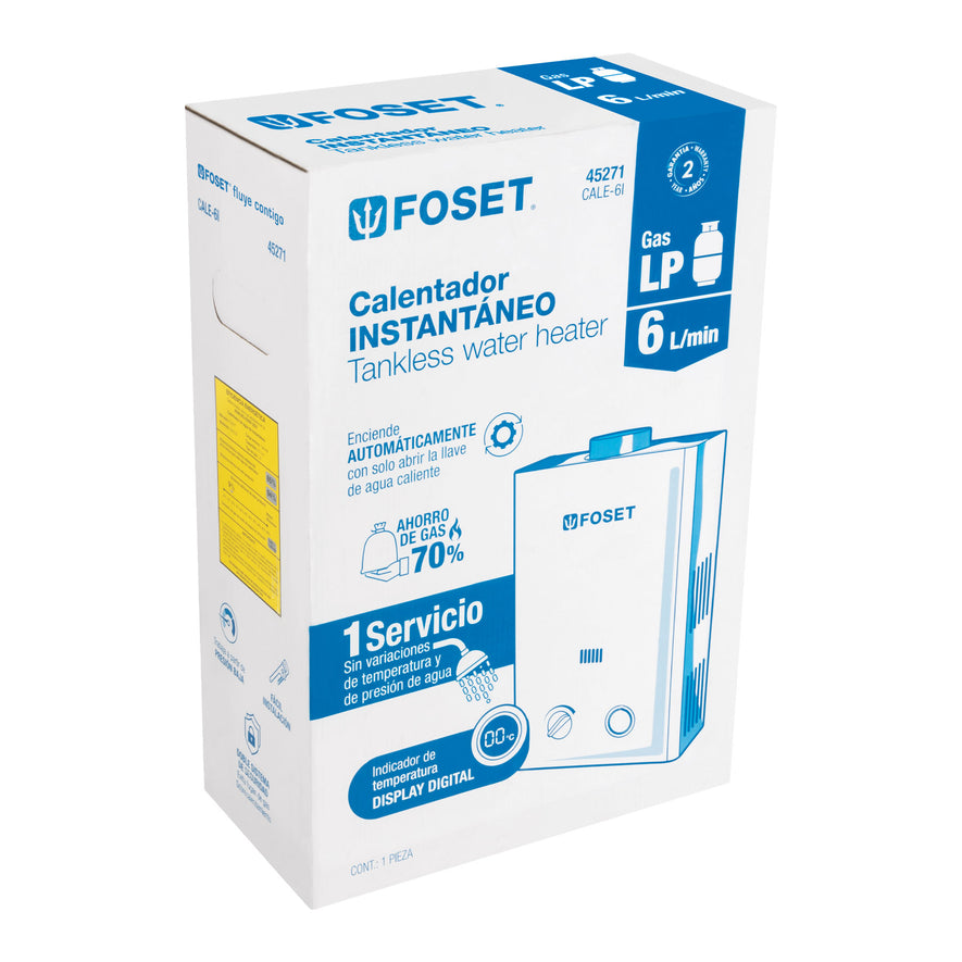 Calentador instantáneo, 6L, 1 servicio, gas LP, Foset, 45271