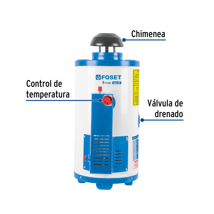 Calentador de paso, rápida recup, 6L, 1 serv, gas LP, Foset, 47921