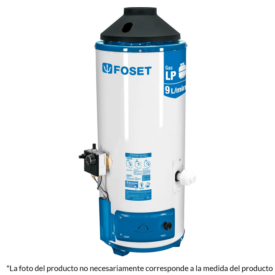 Calentador de paso, rápida recup, 9L, 2 serv, gas nat, Foset, 47924