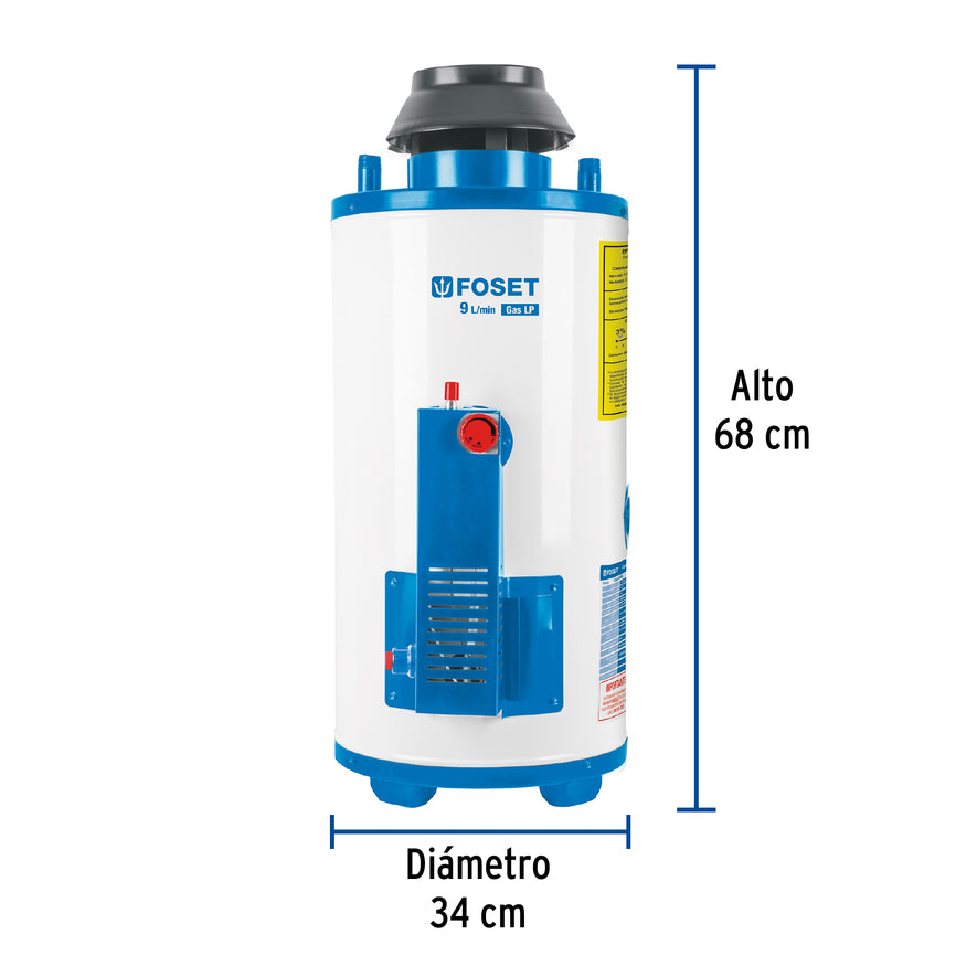 Calentador de paso, rápida recup, 9L, 2 serv, gas LP, Foset, 47922
