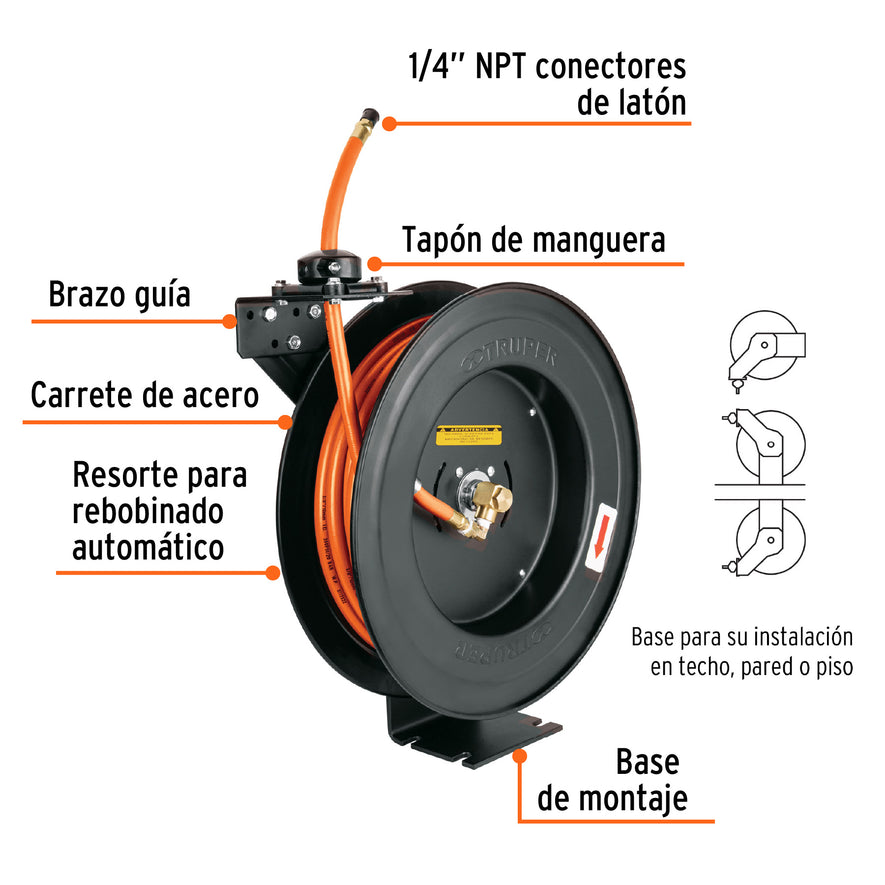 Manguera para compresor,de hule,15m x 3/8',carrete retráctil, 10388