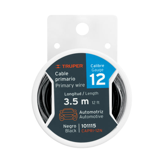 Carrete con 3.5 m de cable primario negro calibre 12, Truper Caja con 4, 101115