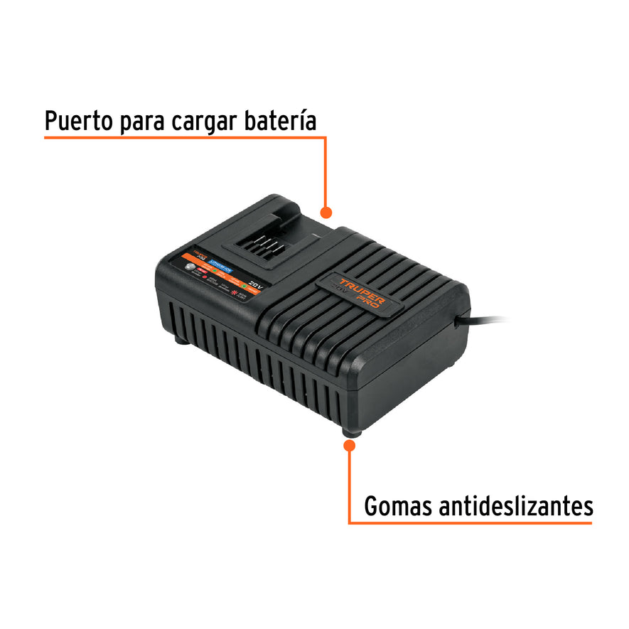 Cargador rápido de baterías de ion litio 20V, TRUPER PRO, 103242