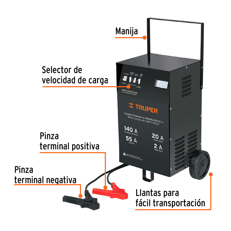 Cargador c/arrancador de 140 A para baterías de 12 V, TRUPER, 13028