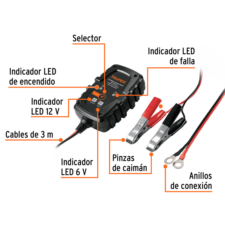 Cargador / mantenedor de 1 A para baterías de 6/12V, TRUPER Caja con 2, 101610
