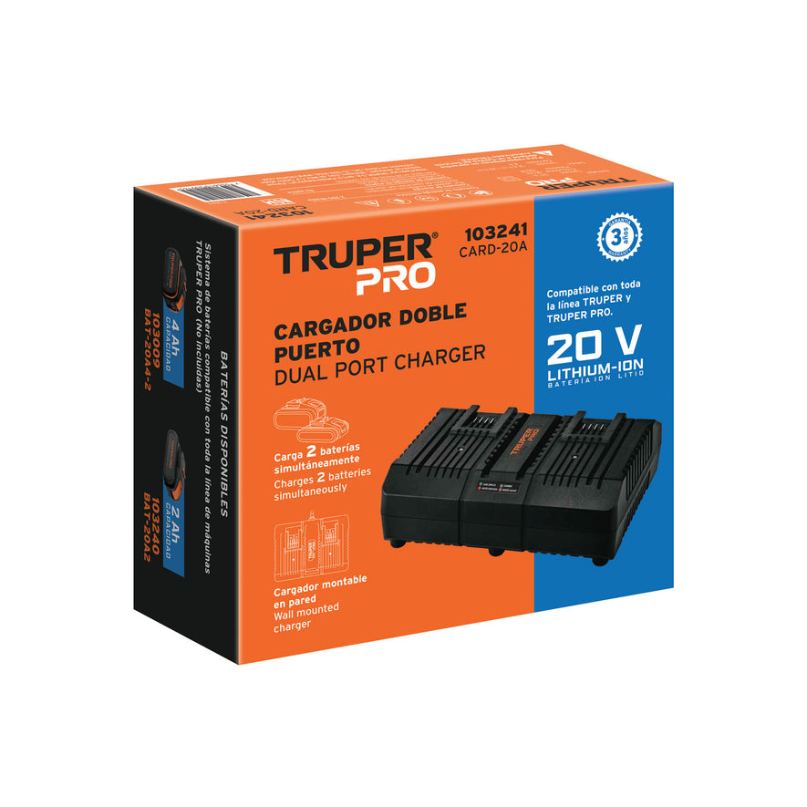 Cargador dual de baterías de ion litio 20V, TRUPER PRO, 103241