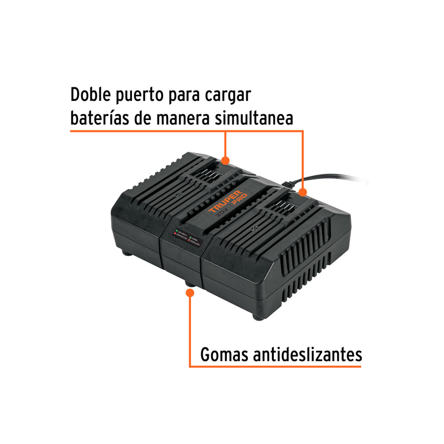 Cargador dual de baterías de ion litio 20V, TRUPER PRO, 103241
