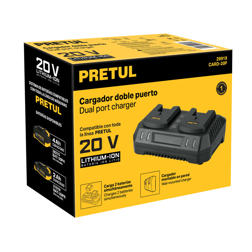 Cargador dual de baterías de ion litio 20V, PRETUL, 29919