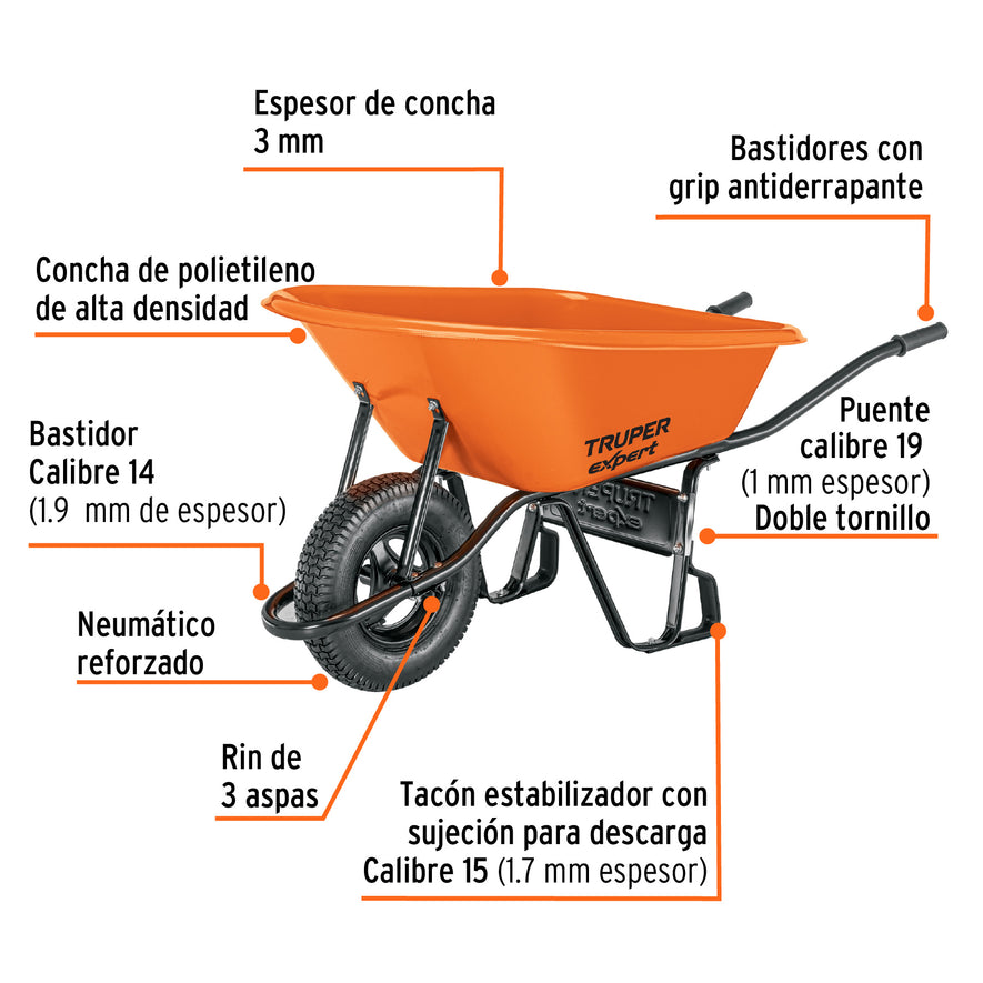 Carretilla 6ft3 Expert plástica, neumática, bastidor tubular, 103008