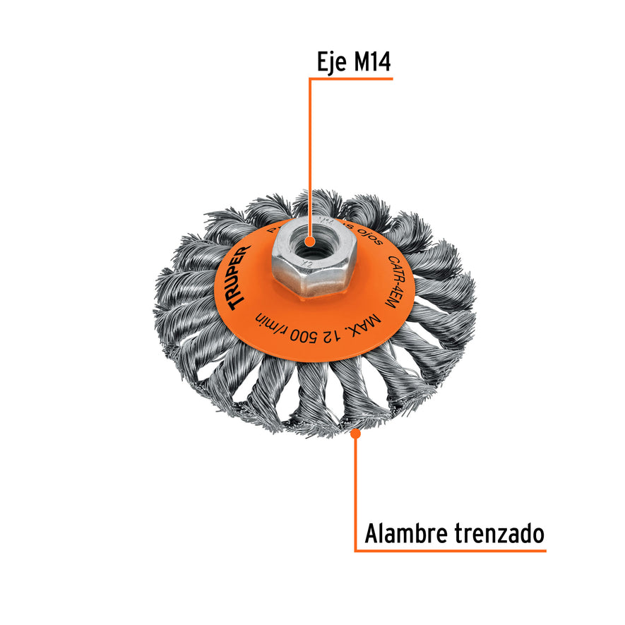 Carda tipo cónico 4' alambre trenzado, eje M14, Truper Caja con 4, 14188