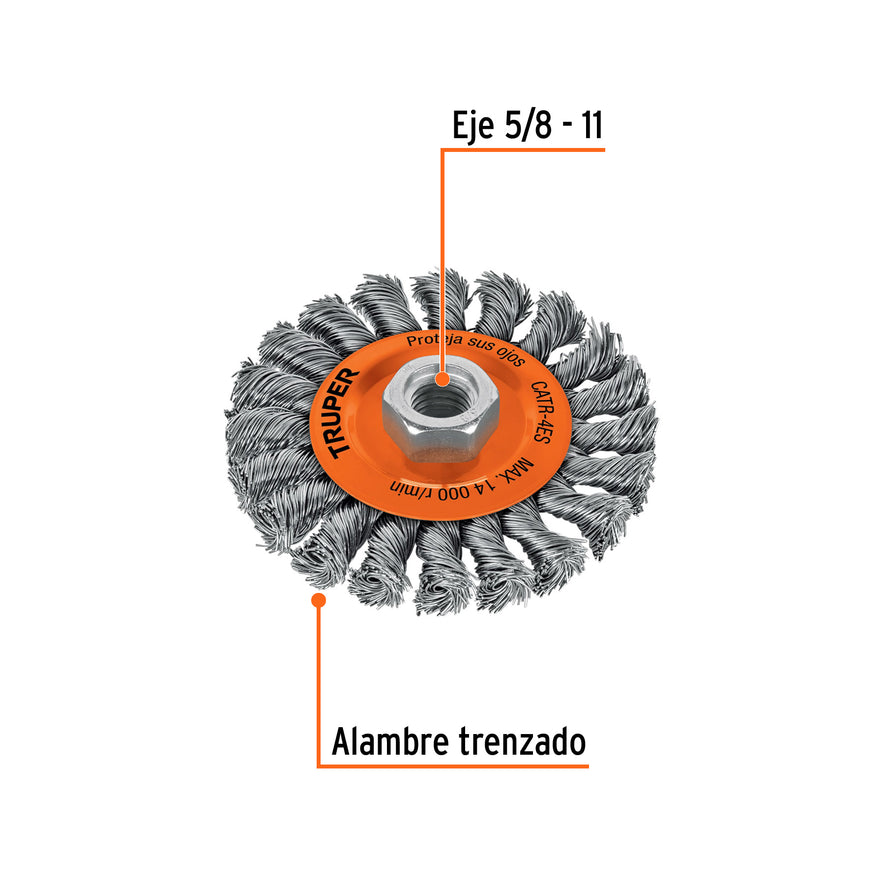 Carda circular 4' alambre trenzado, eje 5/8'-11, Truper Caja con 4, 17527