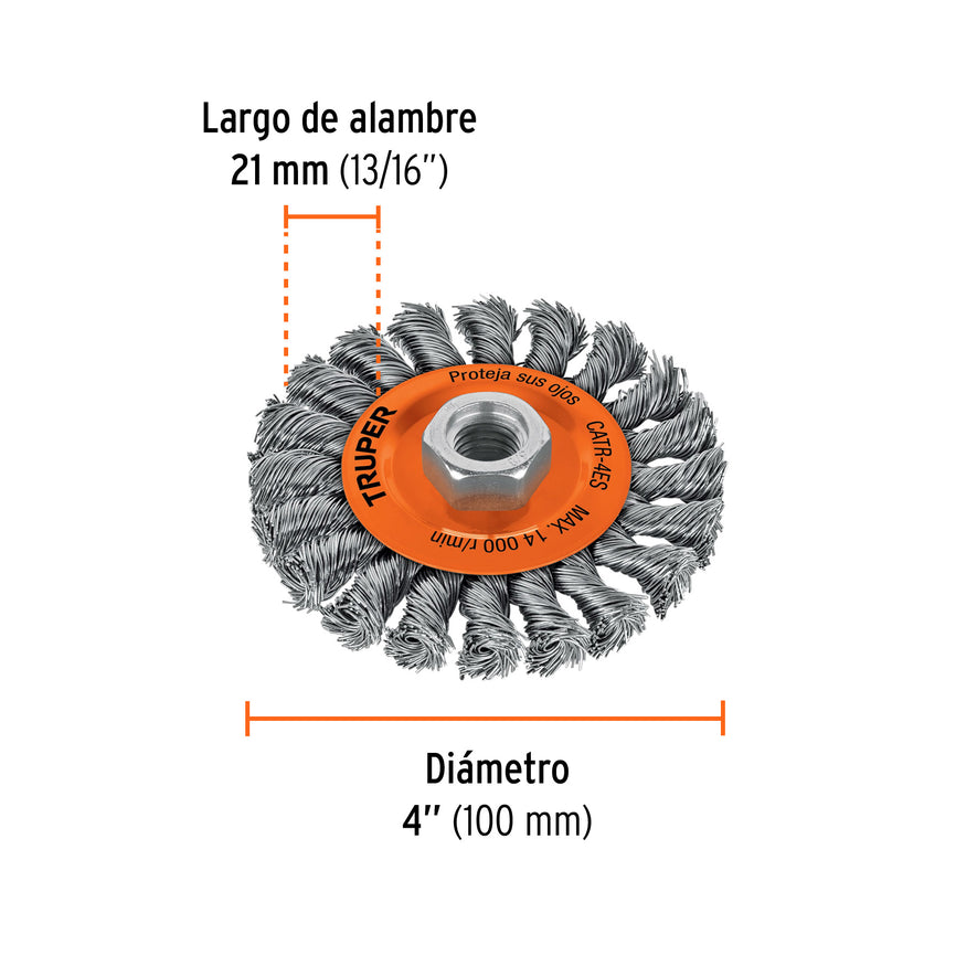 Carda circular 4' alambre trenzado, eje 5/8'-11, Truper Caja con 4, 17527